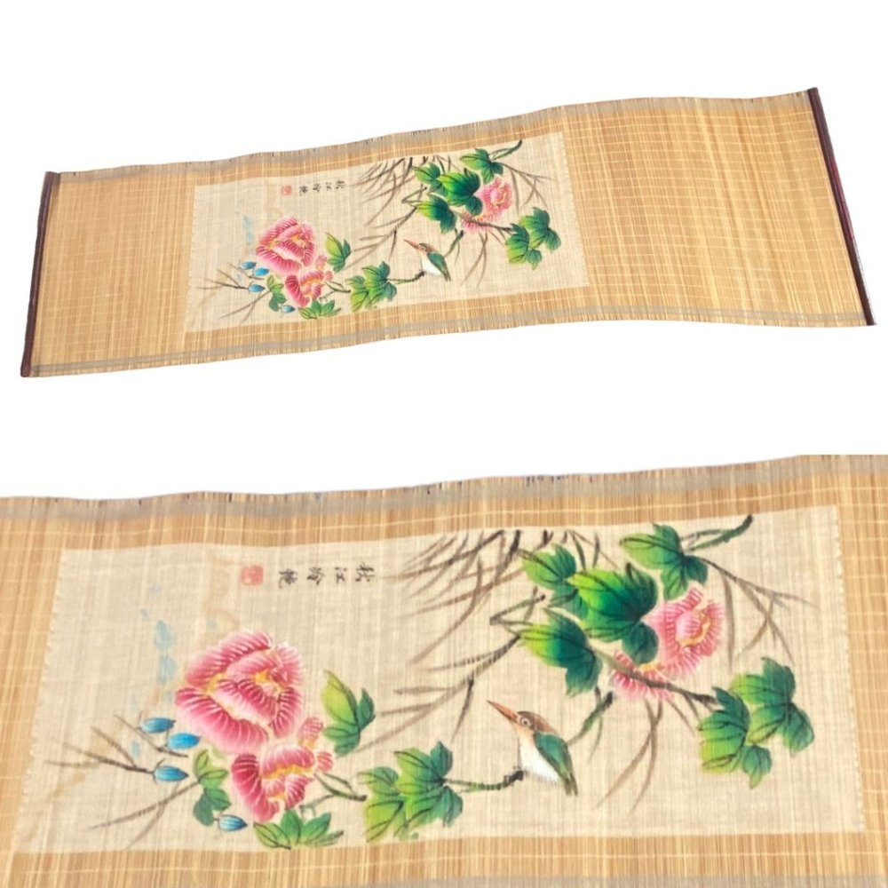 Vintage Hand Painted Asian Floral  Cherry Blossom Bamboo Long Wall Art